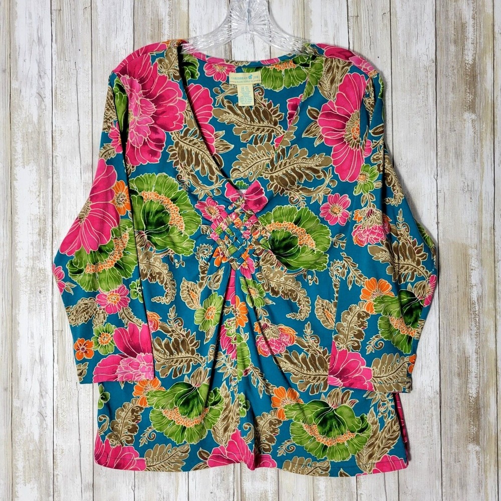 Caribbean Joe Womens Floral Long Sleeves T Shirt V Neck Sz XL